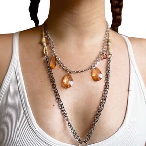 Vintage Y2K Mystic Fairy Enchanted Amber Teardrop Rhinestone Chain Necklace